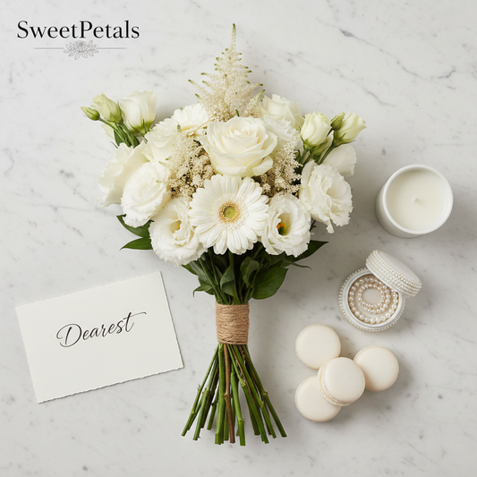 White bouquet flat lay with candle pearl jewelry macarons gift card – SweetPetals luxury gifting NYC