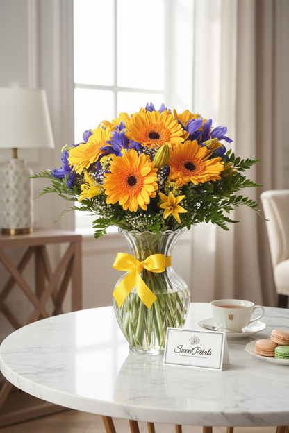 Elegant spring mix gerbera and iris bouquet by window in luxury home – SweetPetals premium floral arrangement