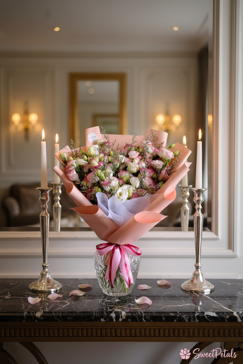 Elegant rose petal lisianthus bouquet on dark marble console table with golden candlelight in luxury interior – SweetPetals premium blush lisianthus flower gift New York