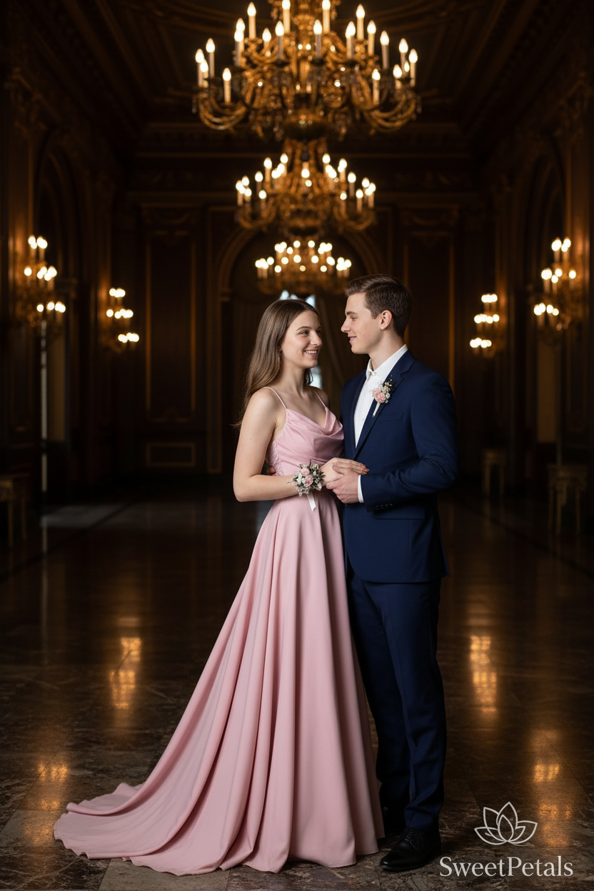 Elegant couple in luxury ballroom wearing blush rose corsage and boutonniere – SweetPetals premium prom flowers New York