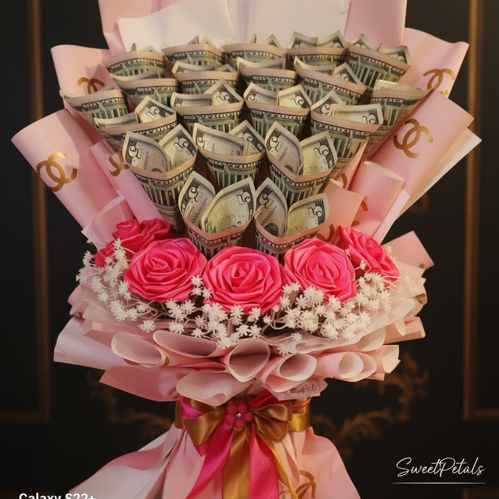 Close-up of luxury money bouquet with folded dollar bills and hot pink satin roses in designer pink wrap – SweetPetals gift