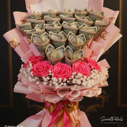 Close-up of luxury money bouquet with folded dollar bills and hot pink satin roses in designer pink wrap – SweetPetals gift