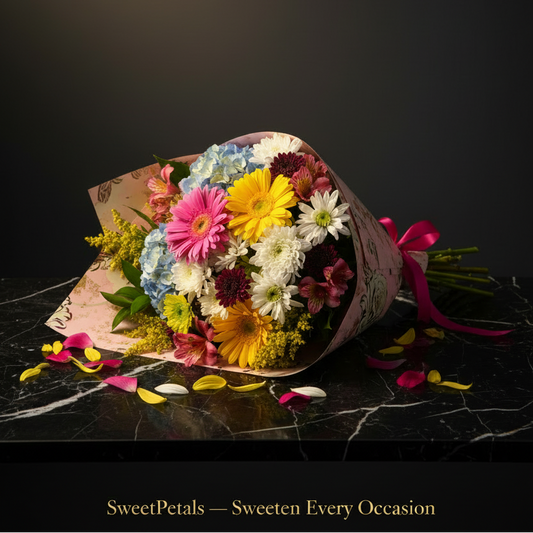 Garden of joy mixed bouquet on dark marble with golden spotlight and SweetPetals gold foil slogan – SweetPetals luxury pink gerbera blue hydrangea yellow daisy mixed birthday celebration gift New York