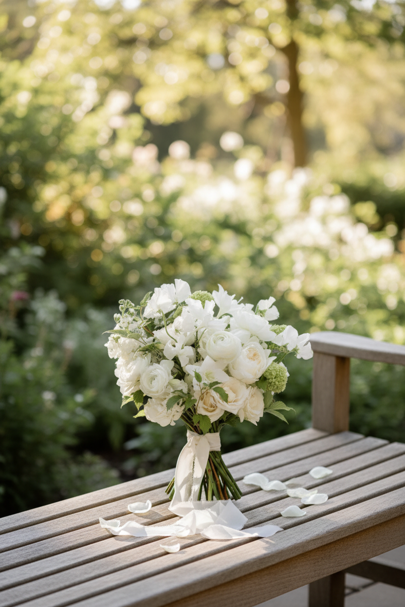 Willow garden bridal bouquet resting on rustic wooden bench in sunlit luxury outdoor wedding venue – SweetPetals premium white ranunculus rose viburnum wedding bouquet New York