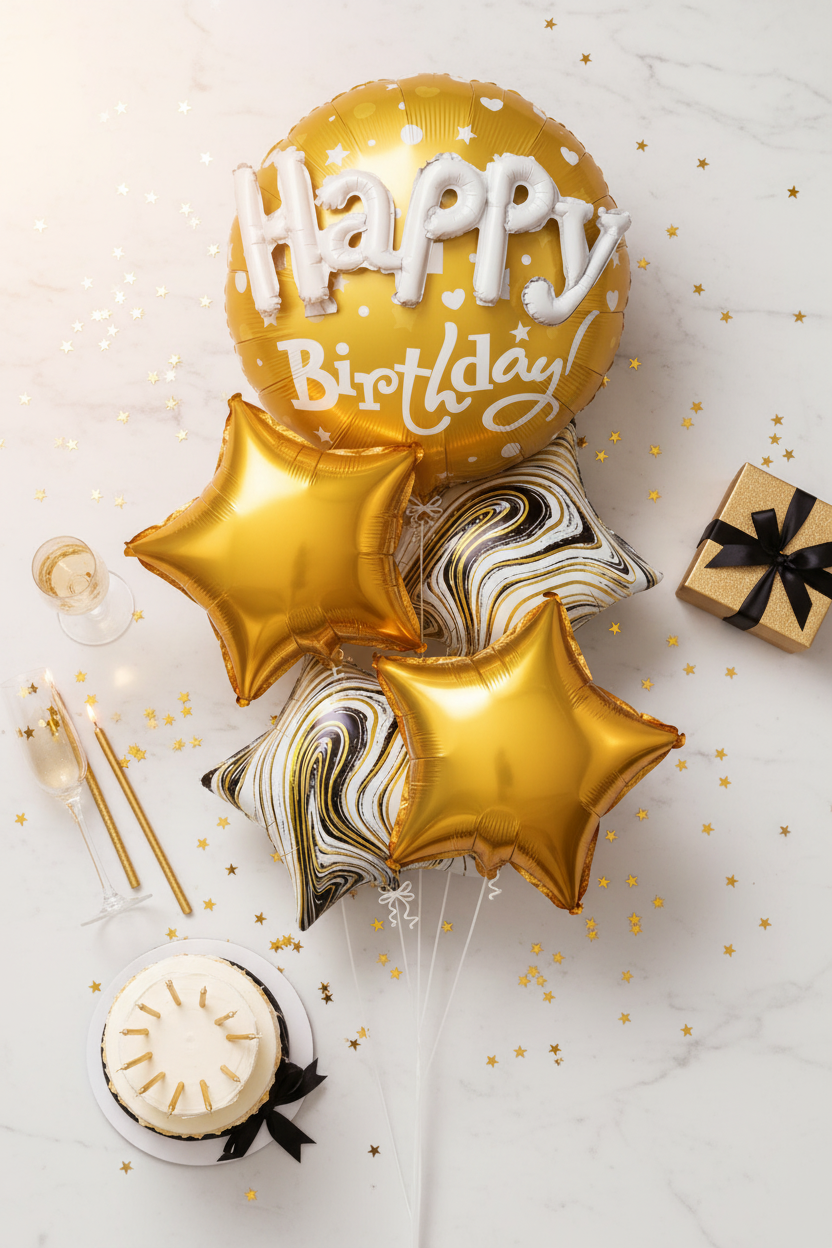 Flat lay gold birthday balloon bouquet with gold gift box birthday cake and champagne on marble – SweetPetals luxury gold foil balloon birthday gift delivery