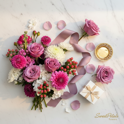 Flat lay of mauve roses magenta dahlias white chrysanthemums and red hypericum berries with gold ring dish and white gift box on marble – SweetPetals luxury purple rose dahlia hydrangea gift delivery