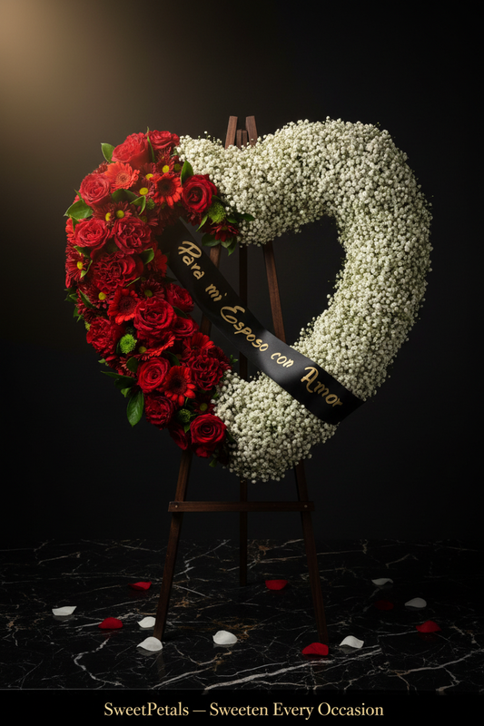 Red and white two-tone heart sympathy wreath on wooden easel on dark marble with golden spotlight and SweetPetals gold foil slogan – SweetPetals luxury red rose baby's breath funeral heart tribute New York