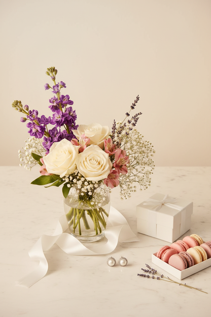 White rose and purple stock vase arrangement golden hour marble editorial – SweetPetals NYC florist