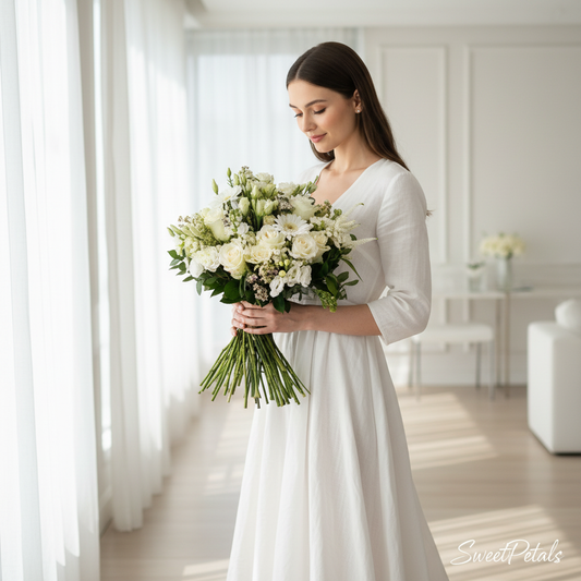 Woman holding white mixed flower bouquet in bright airy room – SweetPetals flowers NYC