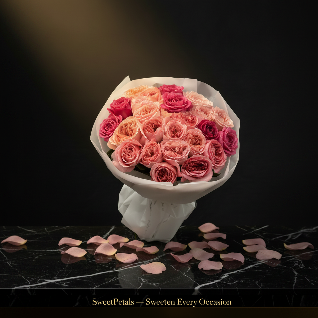 Pink garden rose luxury bouquet on dark marble with golden spotlight and SweetPetals gold foil slogan – SweetPetals luxury pink garden rose birthday gift New York