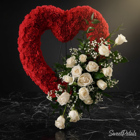 Close-up of red carnations heart wreath with cascading cream white roses baby's breath and green ruscus on dark marble – SweetPetals red carnation heart white rose cascade sympathy tribute