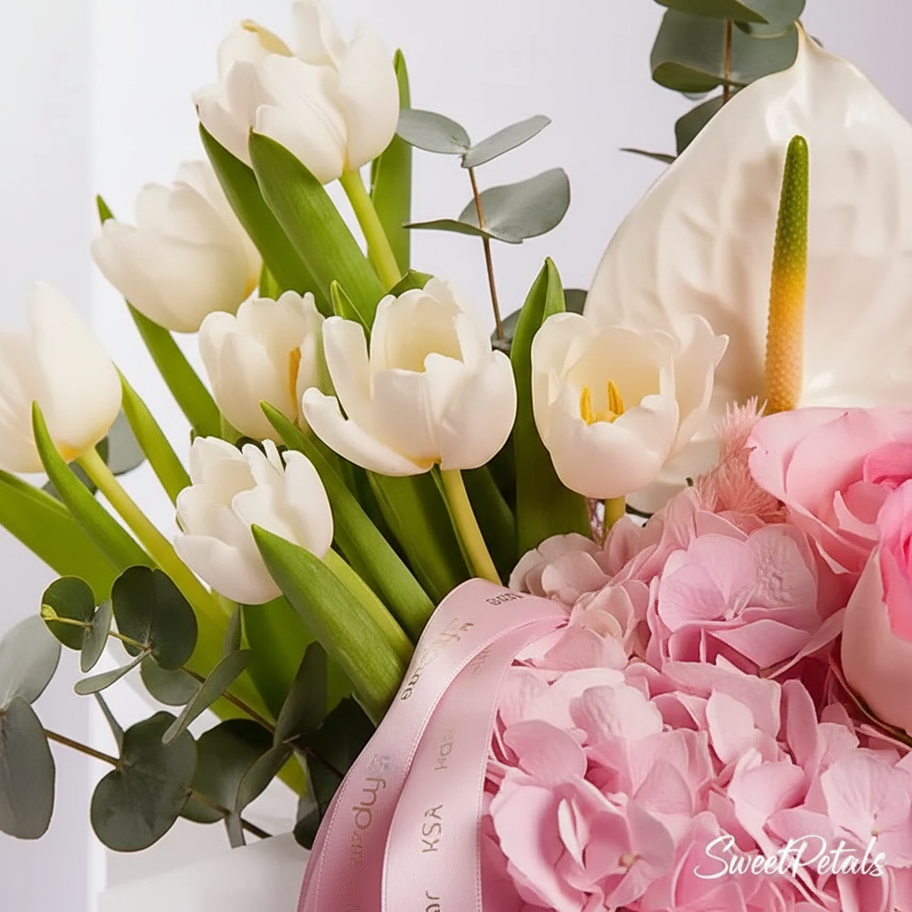 Close-up white tulips pink roses hydrangea eucalyptus blooms – SweetPetals luxury flowers NYC