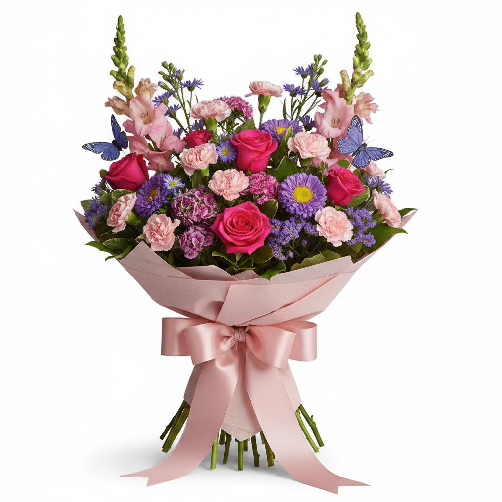 Butterfly Garden hand-tied bouquet with blush wrapping – SweetPetals luxury flower delivery NYC