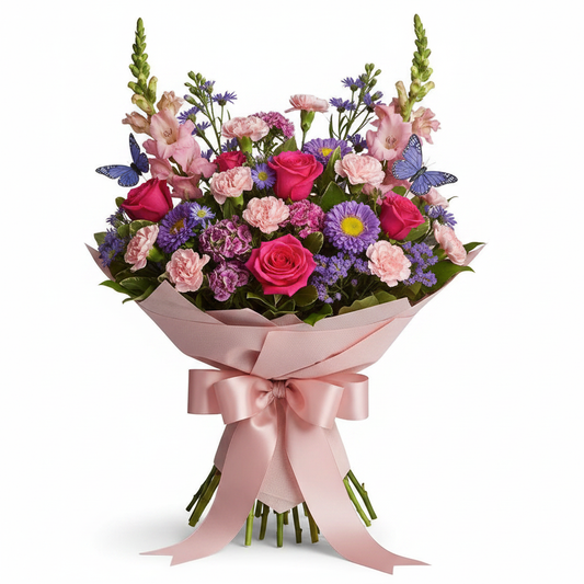 Butterfly Garden hand-tied bouquet with blush wrapping – SweetPetals luxury flower delivery NYC