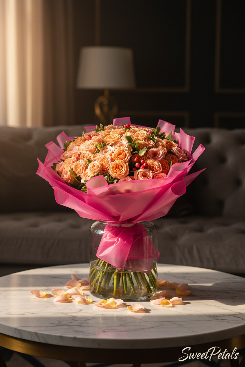 Elegant peach and pink spray rose dome bouquet in glass vase in luxury home – SweetPetals premium 100-bloom rose gift New York