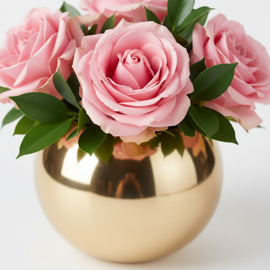 Close-up of blush pink roses in gold vase – SweetPetals NYC florist