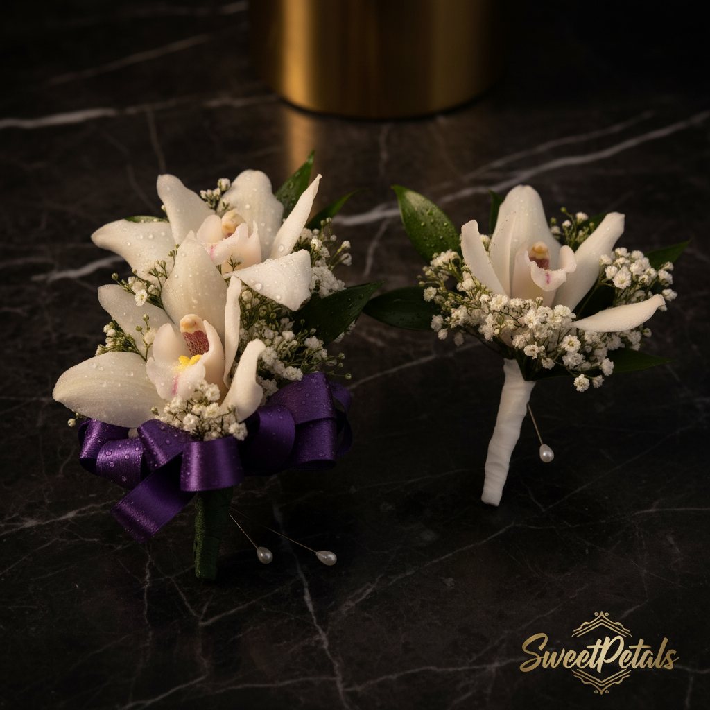 Close-up of white cymbidium orchid corsage and boutonniere with purple ribbon on dark marble – SweetPetals luxury orchid prom flowers