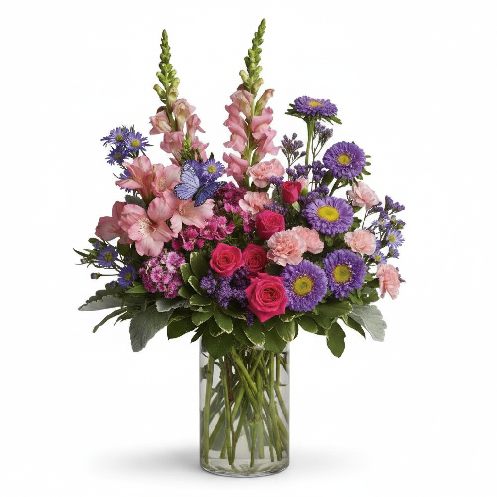 Butterfly Garden flowers in tall clear glass vase – SweetPetals NYC florist