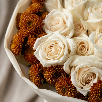 Close-up of white rose petals and bronze chrysanthemums, SweetPetals Brooklyn USA