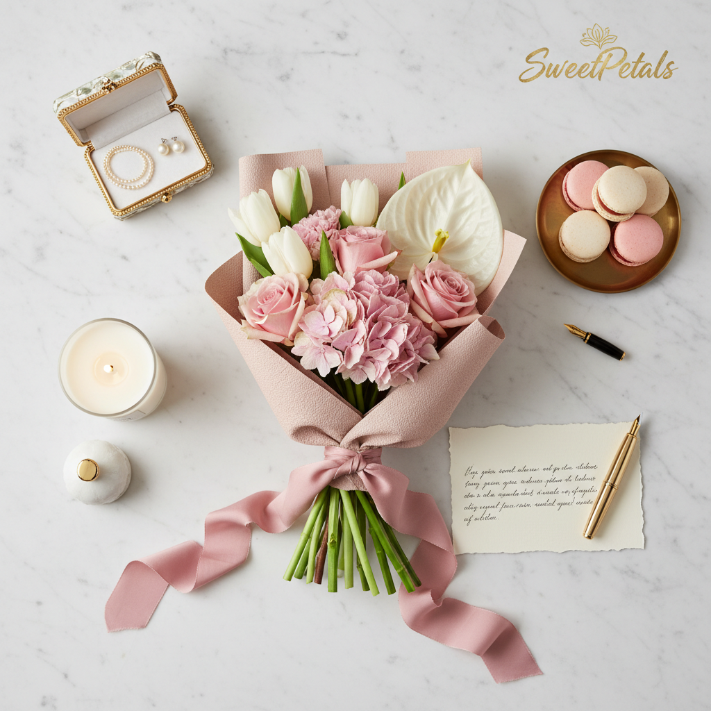 Pink white flower bouquet flat lay with candle macarons gift card – SweetPetals luxury gifting NYC