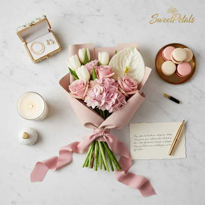 Pink white flower bouquet flat lay with candle macarons gift card – SweetPetals luxury gifting NYC