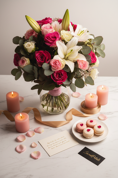 Flat lay pink rose and white lily vase arrangement with macarons and candles on marble – SweetPetals romantic flowers