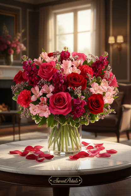 Elegant red and pink rose vase arrangement by window in luxury home – SweetPetals passionate hearts premium floral gift
