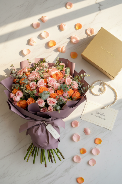 Flat lay sunset blush and orange rose bouquet with gold gift box on marble – SweetPetals luxury pink and orange rose gift delivery