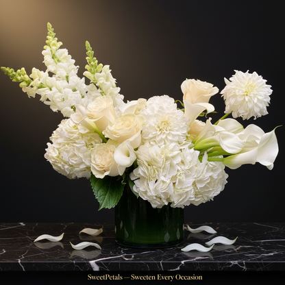 White elegance luxury vase arrangement on dark marble with golden spotlight and SweetPetals gold foil slogan – SweetPetals luxury all-white hydrangea rose calla lily dahlia wedding gift New York