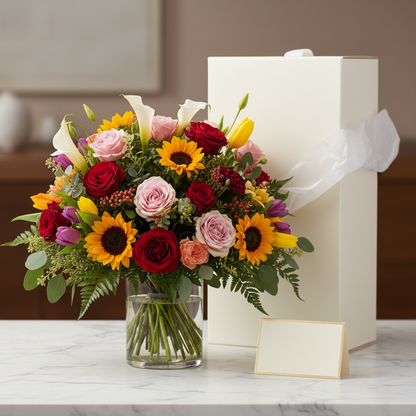 Rainbow garden vase arrangement with luxury white gift box and ribbon on marble – SweetPetals luxury mixed flower celebration gift packaging