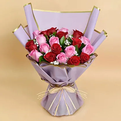 Romantic Rose Symphony Bouquet – Red & Pink Roses with Baby's Breath in Lavender Wrap