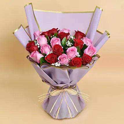 Romantic Rose Symphony Bouquet – Red & Pink Roses with Baby's Breath in Lavender Wrap