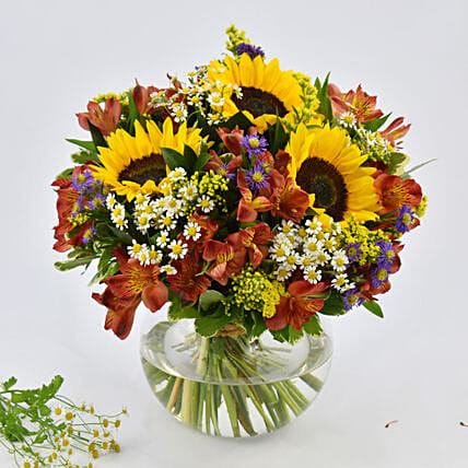 Sunflower & Peruvian Lily Vase Arrangement – Mixed Wildflower Bouquet in Glass Fishbowl Vase