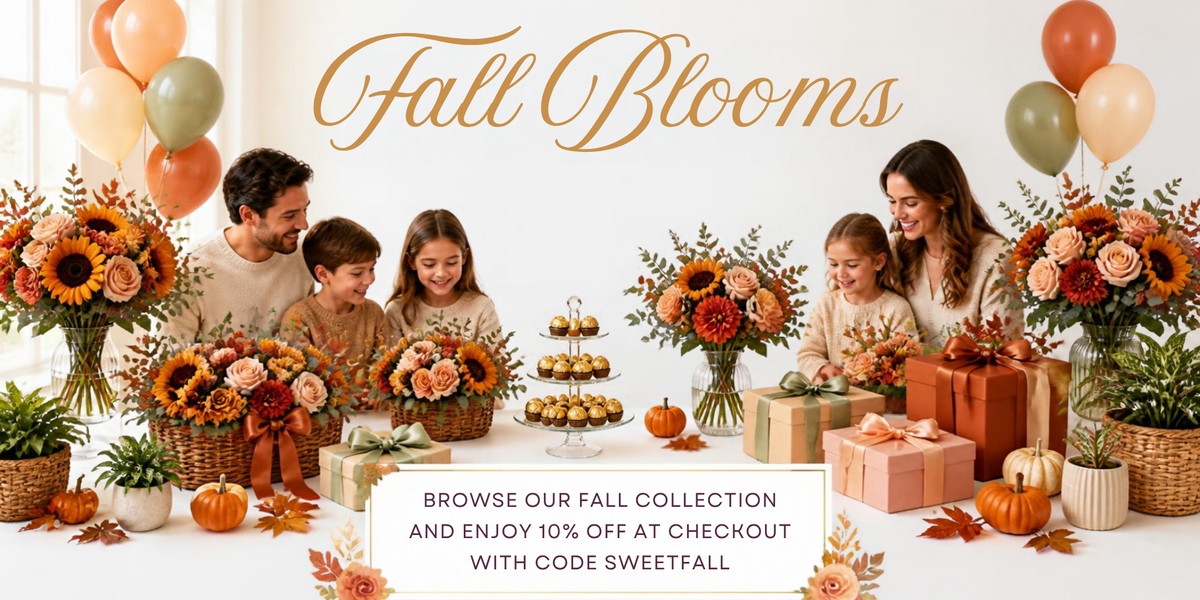 Fall Blooms - fresh fall flowers, chocolates, balloons and gifts from Sweet Petals. Enjoy 10% off with code SWEETFALL
