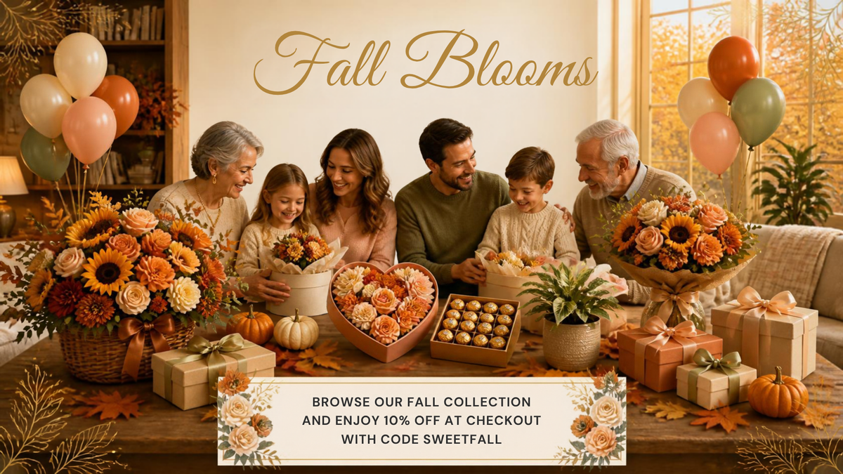 Fall Blooms - family enjoying fall flowers, chocolates and gifts from Sweet Petals. Enjoy 10% off with code SWEETFALL