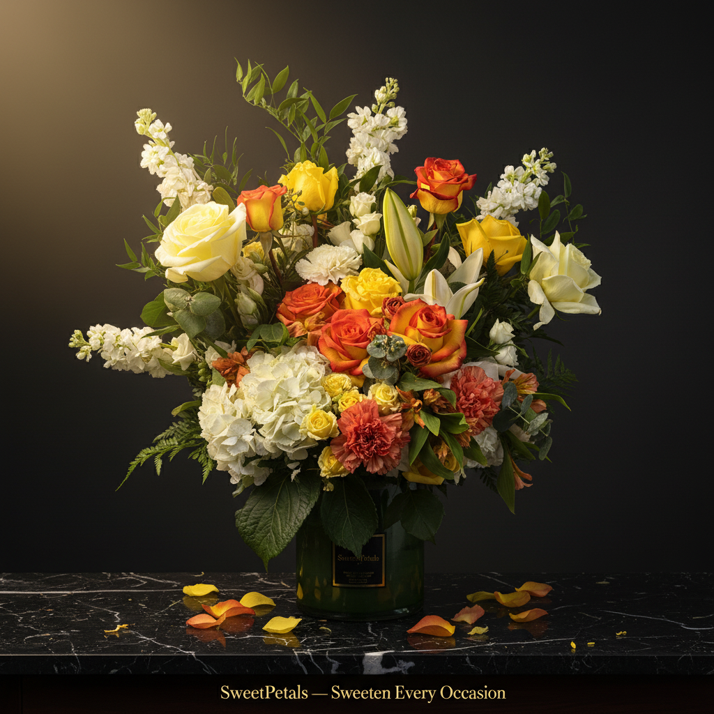 Sunset glow signature vase arrangement with orange-yellow bicolor roses yellow roses white oriental lilies white hydrangea peach carnations and yellow spray roses in dark green luxury vase on dark marble with golden spotlight and SweetPetals gold foil slogan – SweetPetals luxury orange rose lily birthday gift