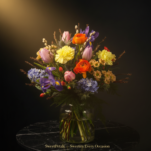 Romantic Spring Garden Vase Bouquet | Luxury Colorful Tulip & Iris Flower Gift for Birthdays & Home Décor