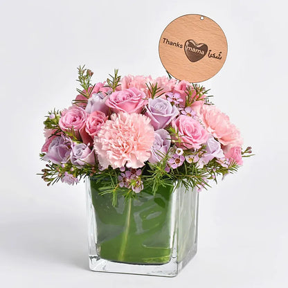 Thanks Mama Flower Arrangement | Pink Roses Carnations in Glass Vase NYC