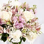 White Rose & Lavender Stock Vase Arrangement – Pink Alstroemeria & Baby's Breath in Glass Vase